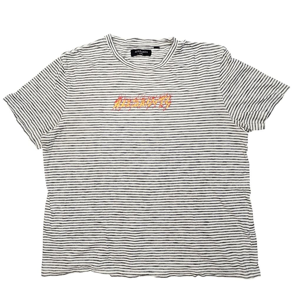 ALLSAINTS STRIPED TEE – MEN’S L – GRAY/WHITE – “ALLSAINTS” FLAME LOGO PRINT